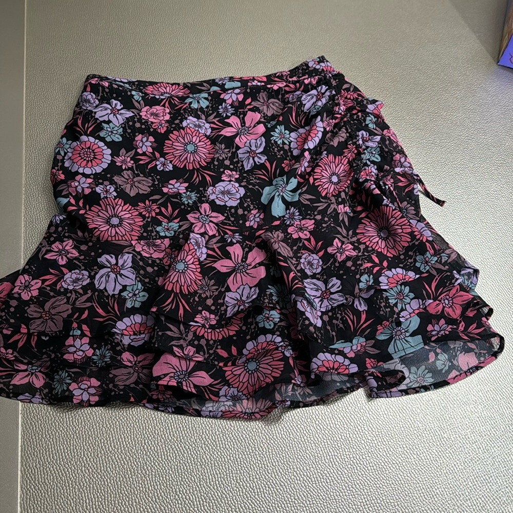 MAJORELLE Black Floral Mini Skirt with Pink & Lavender Flowers